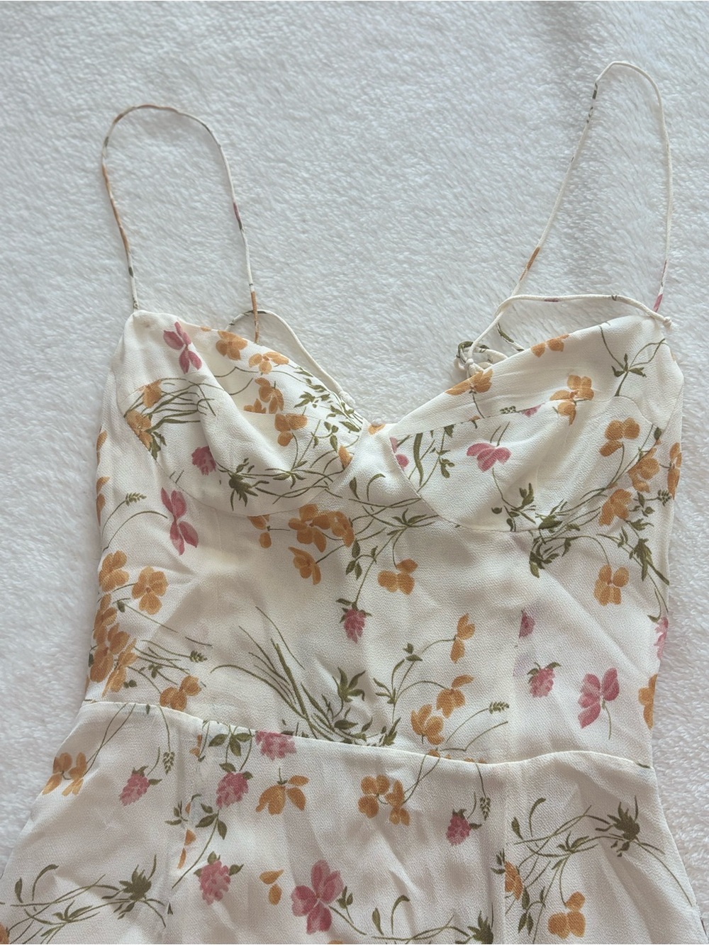 Reformation Cream Floral Spaghetti-Strap Dress with Pink & Mustard Accents - Picture 4 of 6
